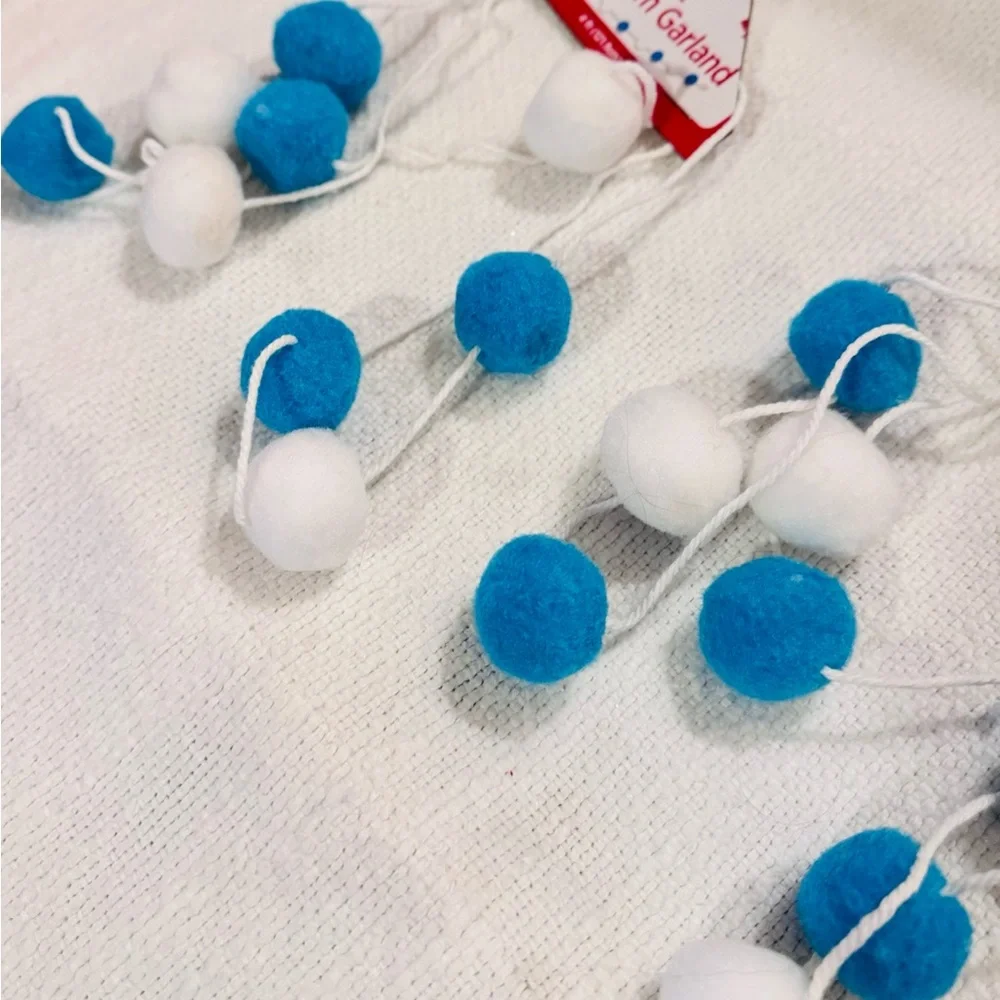 8 Ft. Fuzzy Blue & White Pom Pom Garland Party Wedding Baby Shower Decor